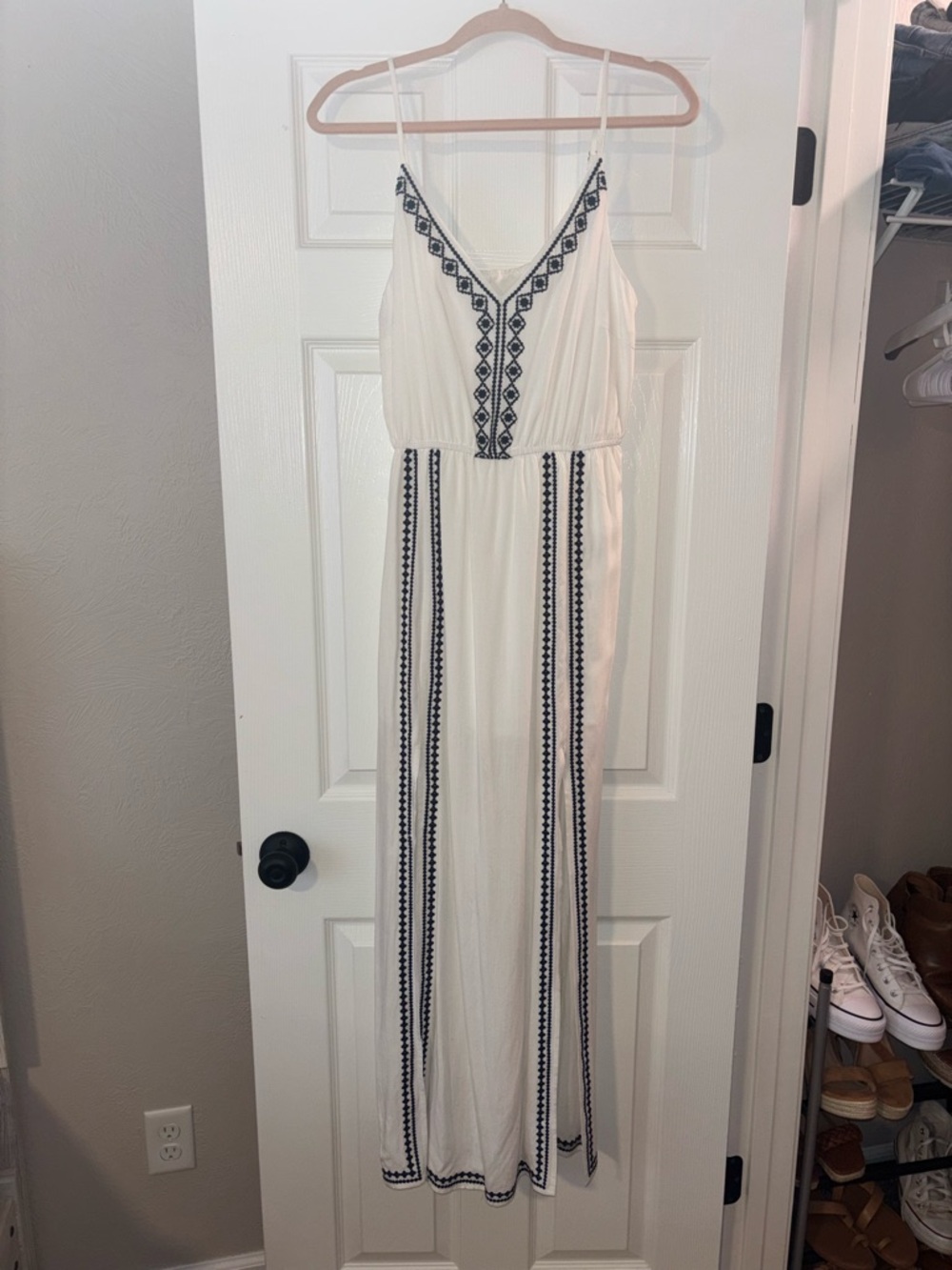 White Maxi Dress with Navy Embroidery